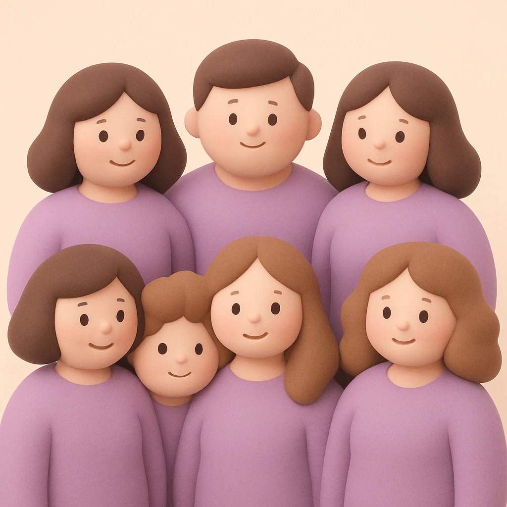 A group of 7 people: 1 man and 6 women, all wearing purple tops, in mochi style with soft pastel colors, rounded shapes, and friendly expressions. emoji