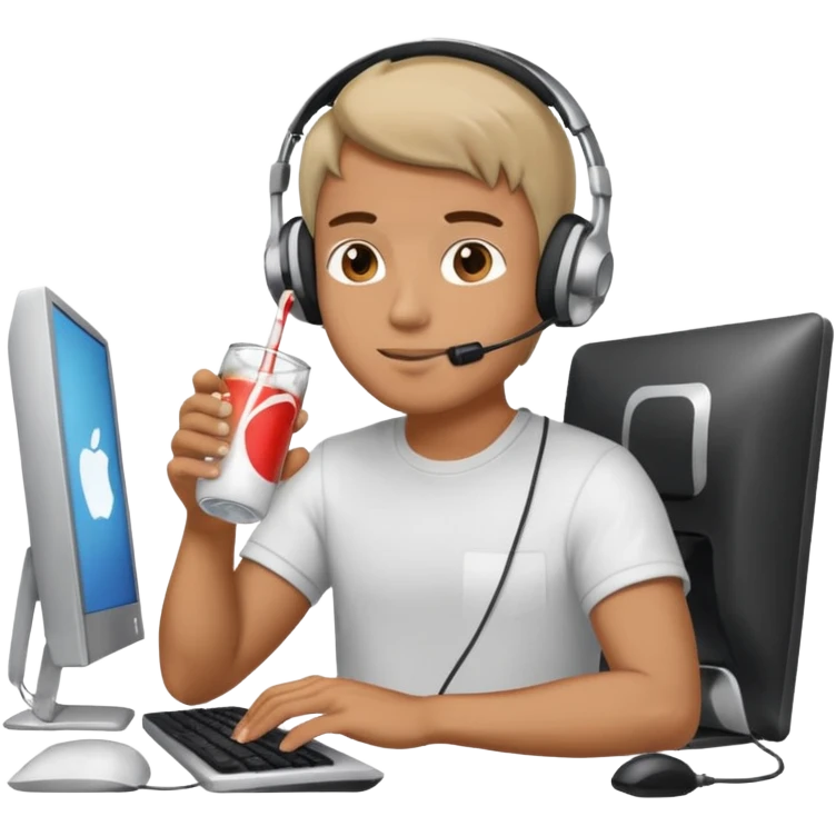 Hombre tomando blanco un refresco frente a un ordenador emoji