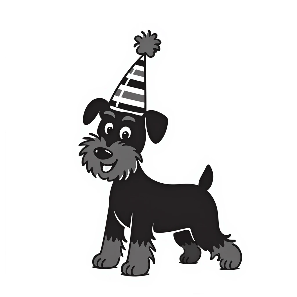 A schnauzer dog wearing a colorful birthday hat emoji