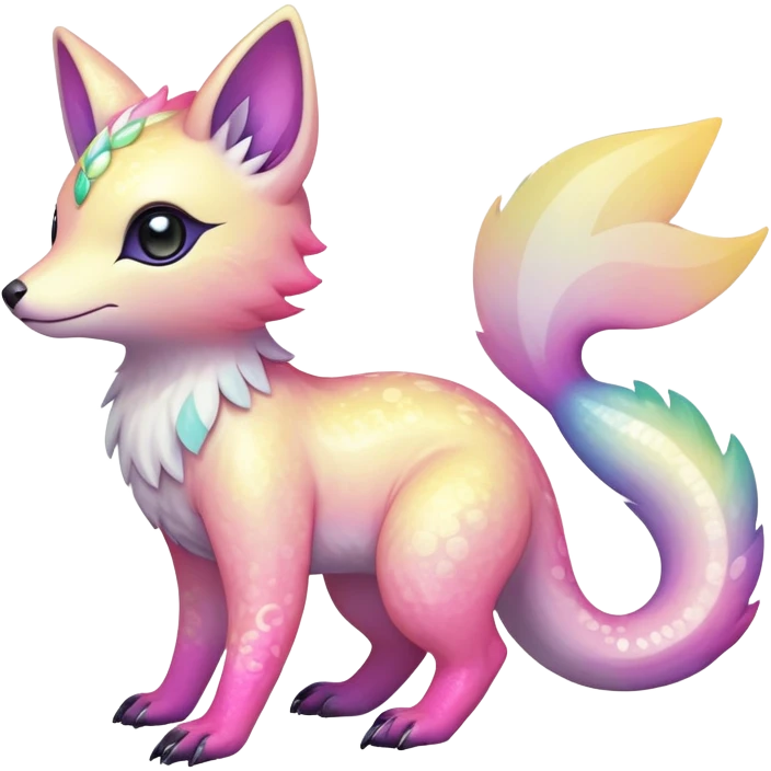 Rare realistic exotic pastel whitish pinkish yellowish gradients shiny sparkly divine celestial spiritual iridescent cute epic pretty beautiful handsome gorgeous aesthetic colorful vibrant Vernid-Trico-species-Fakemon-creature by LiLaiRa, 4 legs, 1 tail, random markings, (full body) emoji