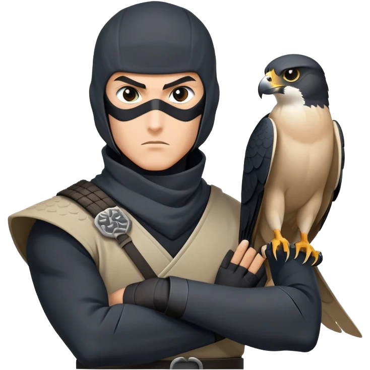 clash-of-clans-aesthetic_-cinematic-mysterious-male-ninja-portrait-emoji, rendered in a flat, vector-style with minimal shading and bold, simplified shapes, with a head slightly turned revealing intense, focused eyes. the ninja has his arm out and perched on top of it is  a peregrin falcon  emoji
