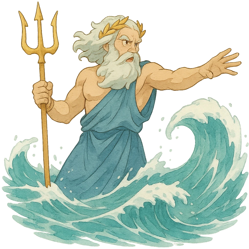 ghibli style Zeus commanding the sea, no background emoji