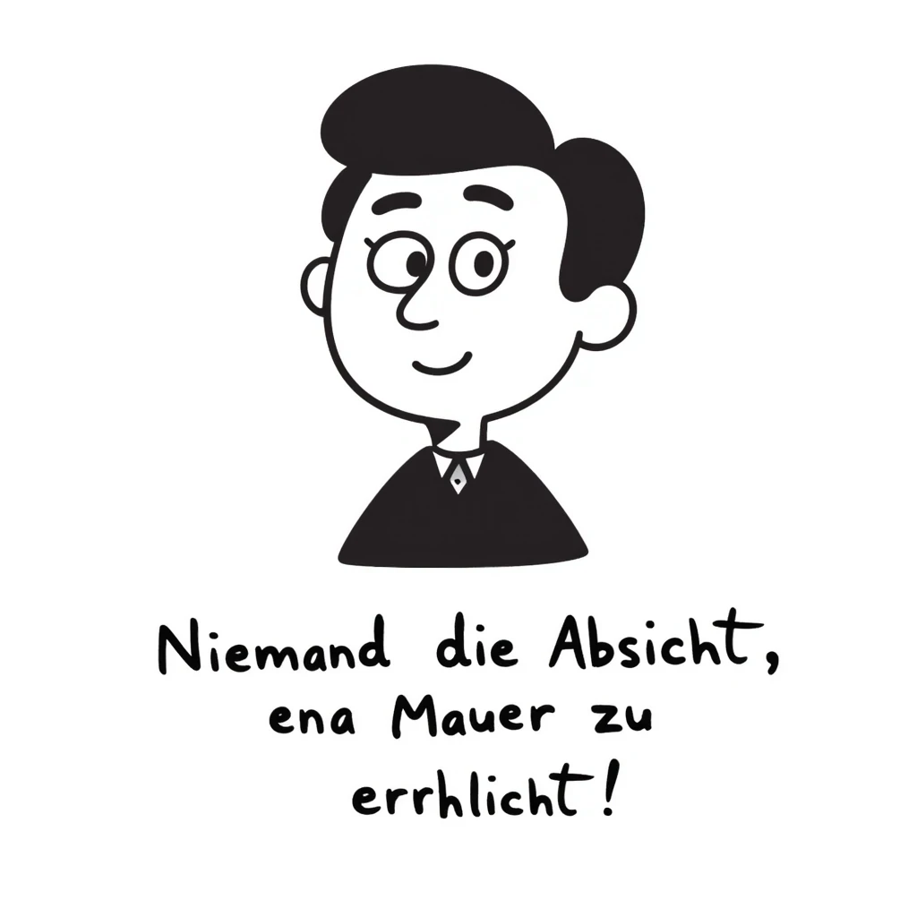 hand-drawn doodle style portrait of Walter Ulbricht with the German quote: "Niemand hat die Absicht, eine Mauer zu errichten!" emoji