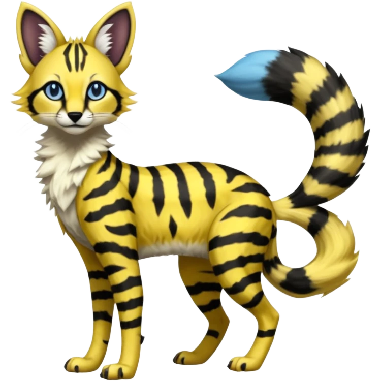  spotted hype-realistic, black-maned, vibrant yellow Genet-Serval-Sergal-Margay-Fox-fusion-hybrid-furry-fursona, full body, with a long puffy fluffy black-and-white-striped tail, black long big ears, with natural blue eyes emoji