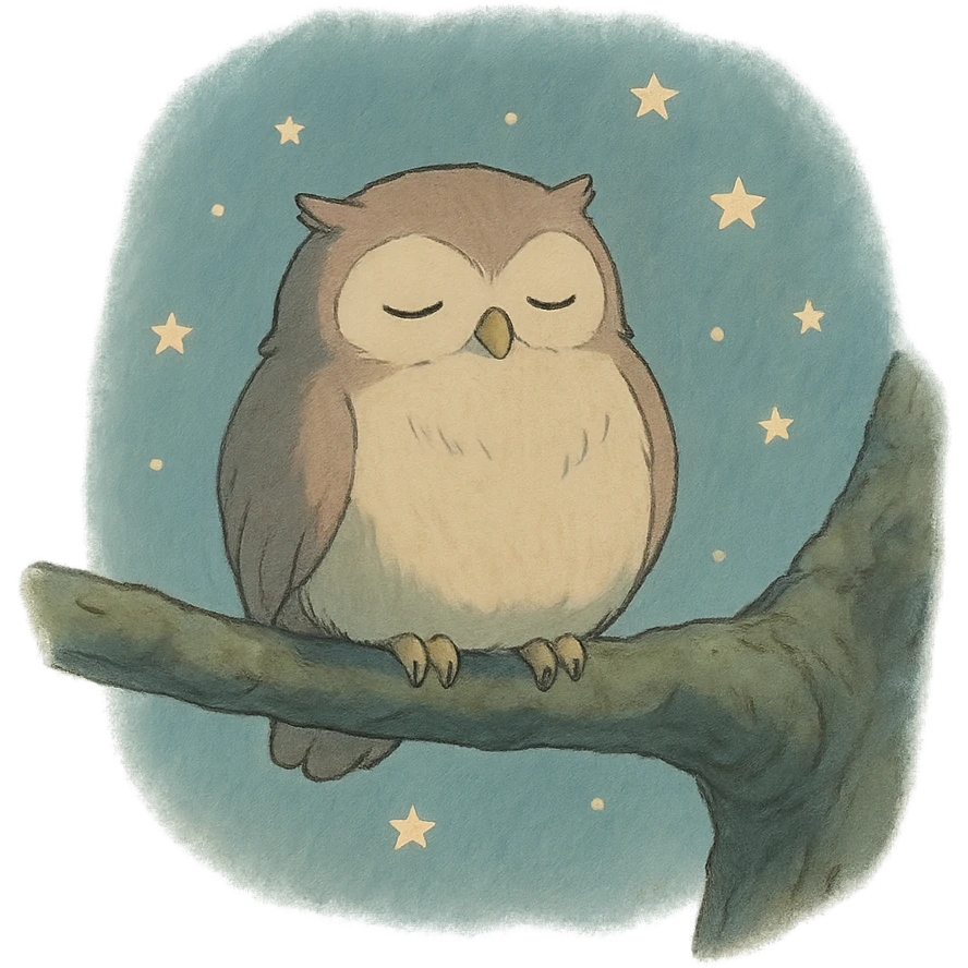 sleepy owl on a tree branch with stars, muted night palette, soft pastel colors, transparent background, ghibli style emoji