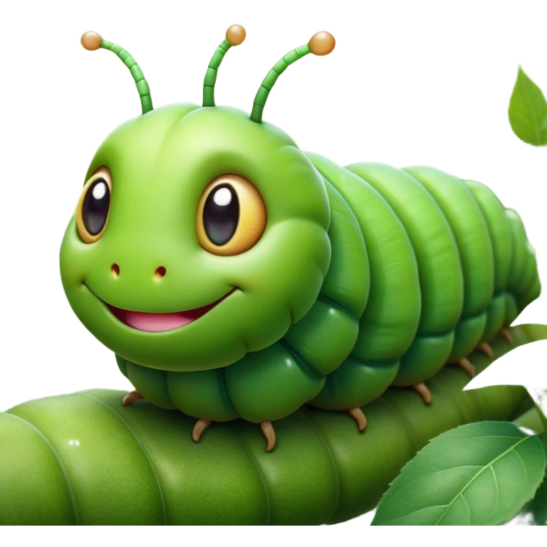 Cinematic Realistic Cute Caterpillar Portrait Emoji, Head tilted playfully and inquisitively, featuring a compact, segmented body in bright, vibrant green with delicate, inviting textures and a charming, rounded face with sparkling eyes full of curiosity, rendered with lifelike detail and natural highlights, high shine, affectionate and spirited, styled with a touch of garden whimsy, soft glowing outline, capturing the essence of a mischievous yet lovable caterpillar that seems poised to crawl cheerfully into your arms! emoji