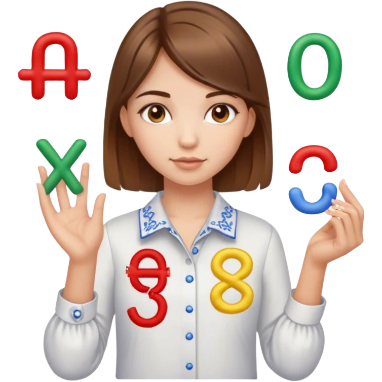 A Ukrainian girl with brown hair wearing an embroidered shirt holds mathematical signs in her hand emoji