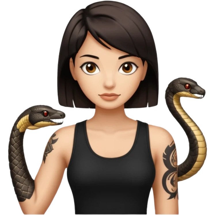 Femme brune yeux marron avec une coupe carré noir qui descend sur l'épaule , femme couleur de peau un peu bronzé mais pas metisse, avec un cobra a côté , débardeur noi , avec un tatouage sur le bras droit emoji