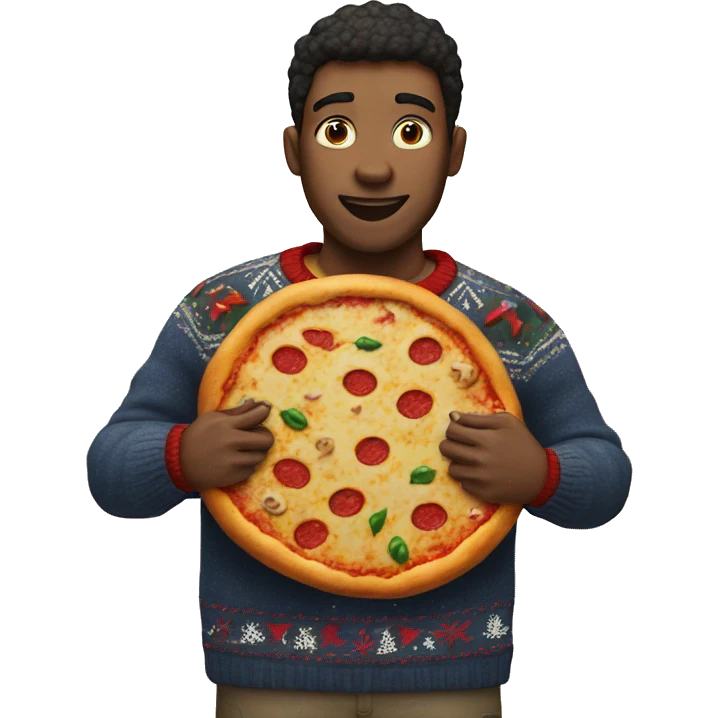 Someone wearing an ugly Christmas sweater and holding a pizza emoji