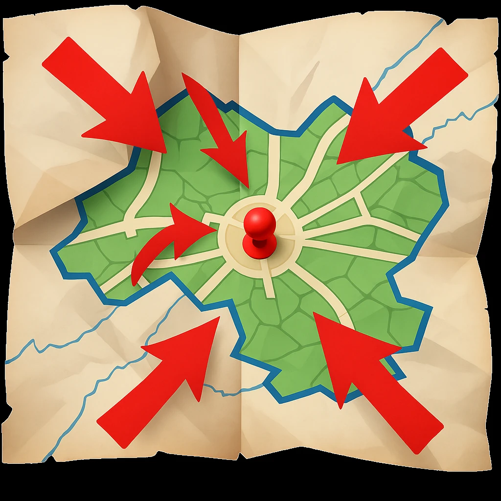 Add bold red arrows to the map, indicating an upcoming offensive attack strategy. Keep the emoji style and all original details. emoji