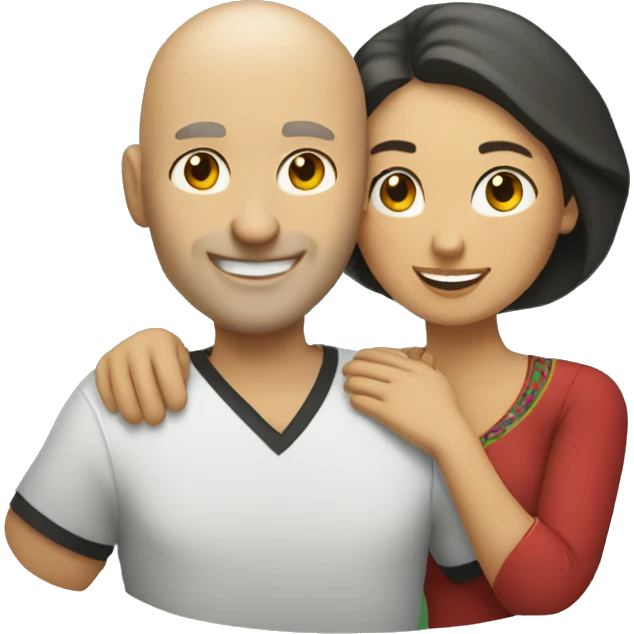 couple hug with warm smiles, white bald man, Mexican woman  emoji