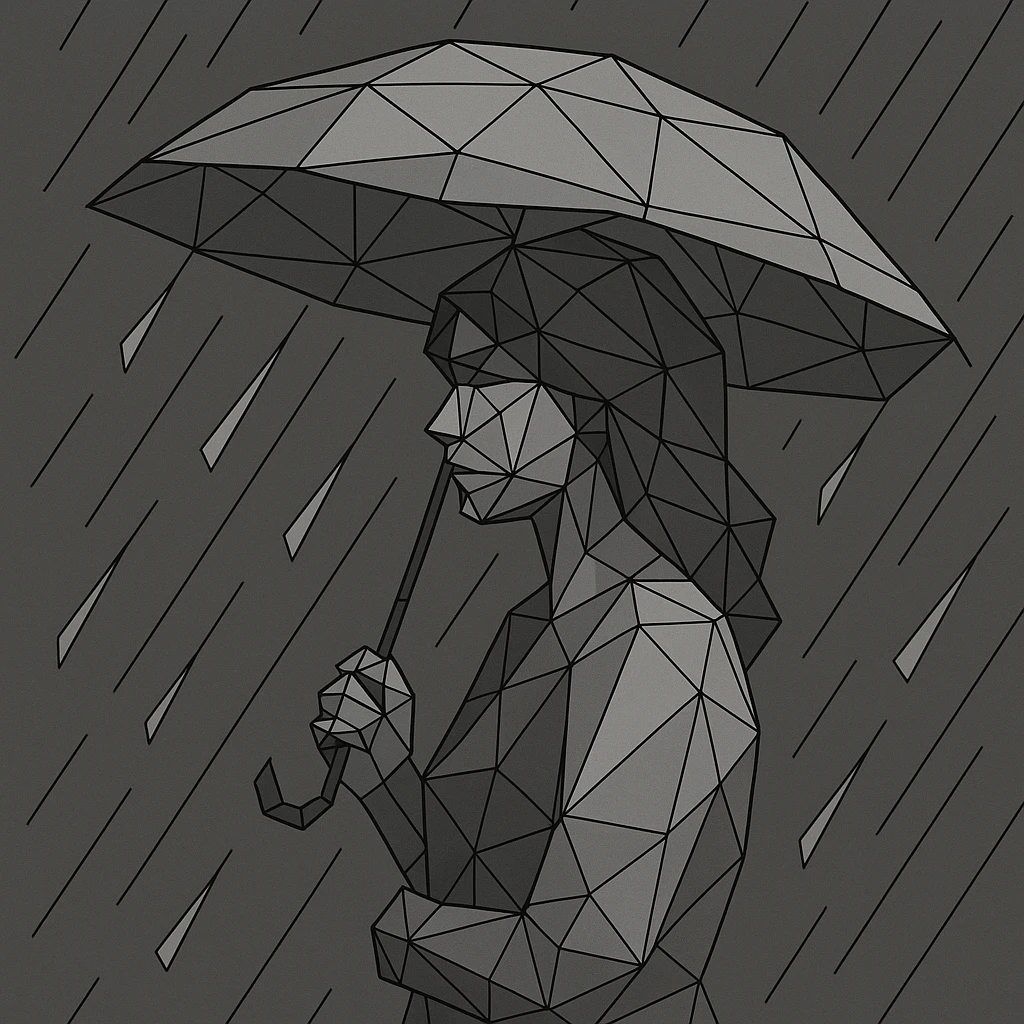 Low-poly woman holding an umbrella in angular rain. emoji