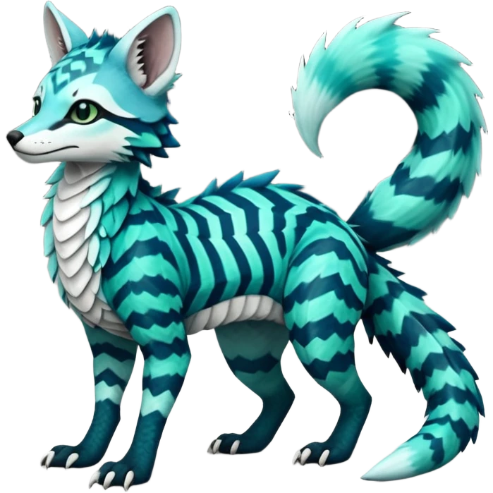Cute cool handsome gorgeous realistic zig-zag-patterned striking blue-cyan-minty-green-gradiented with dark undertones, white underside, thunderous stormy edgy badass realistic Vernid-Sergal-Genet-Trico-species by LiLaiRa, full body emoji