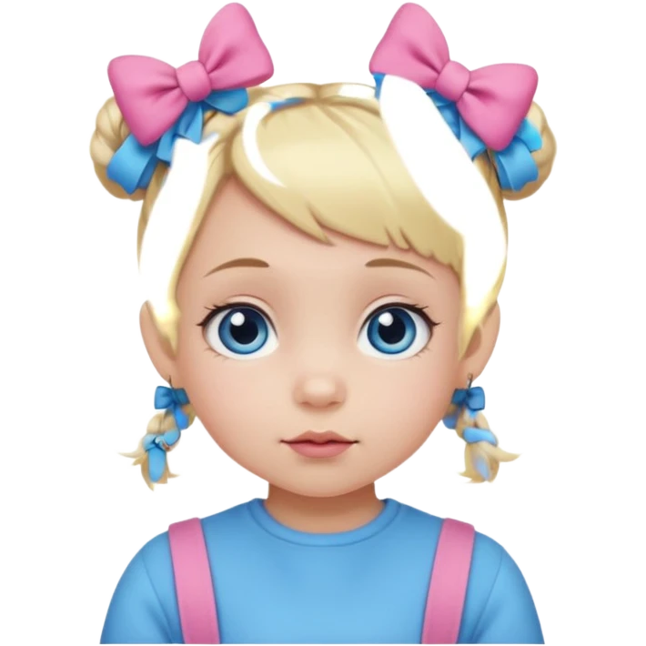 Baby girl with short blonde hair and blue eyes with 2 space bubs and two pink bows emoji