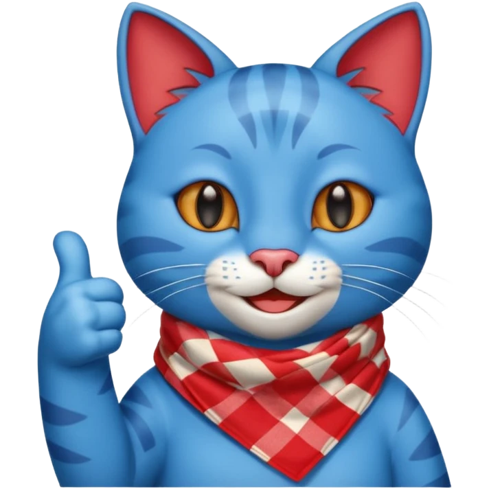 A Blue Cat smiling and giving thumbs up, wearing red Checkered Triangle scarf emoji