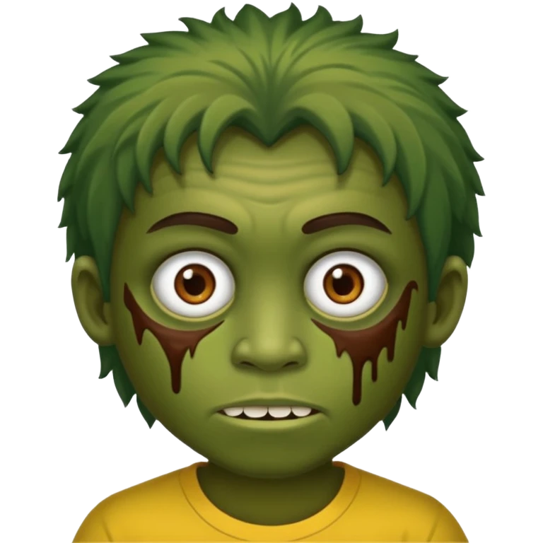 quero um emoji de um menino com pele de zumbi cabelo castanho claro e de franja, olhos menores boca fechada pele verde faça os machucados na cara inteira  emoji