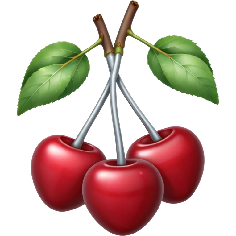 A pair of cherries emoji made of polished silver chrome, smooth rounded shapes, glossy metallic finish, soft highlights and reflections, cute proportions, iOS emoji style, centered, clean white background, no text emoji