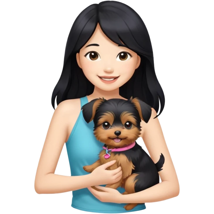 Pretty Asian girl with long, luscious black hair, wearing a cute sleeveless halter top, smiling warmly while carrying an adorable Yorkshire Terrier puppy in her arms emoji