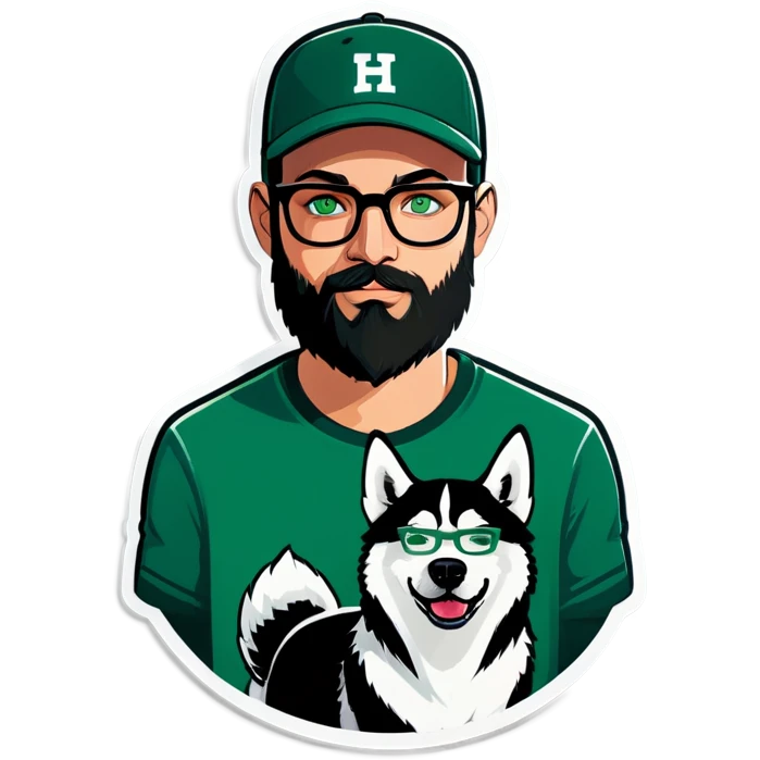 A bold man with a grey baseball cap, green eyes, big beard and glasses holding a husky dog emoji
