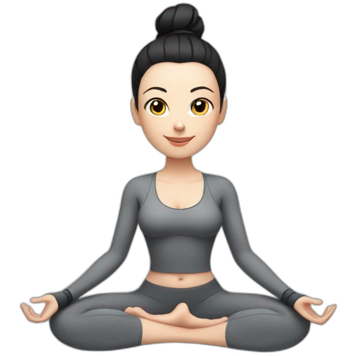 Pale skinned fit woman In a gray tight yoga suit and wristbands With black hair in a bun sits in the lotus position emoji