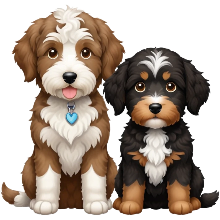 2 dogs: one light brown Aussiedoodle, one all-black Bernedoodle with white eyebrows some white markings, no brown coloring. Both same size. emoji