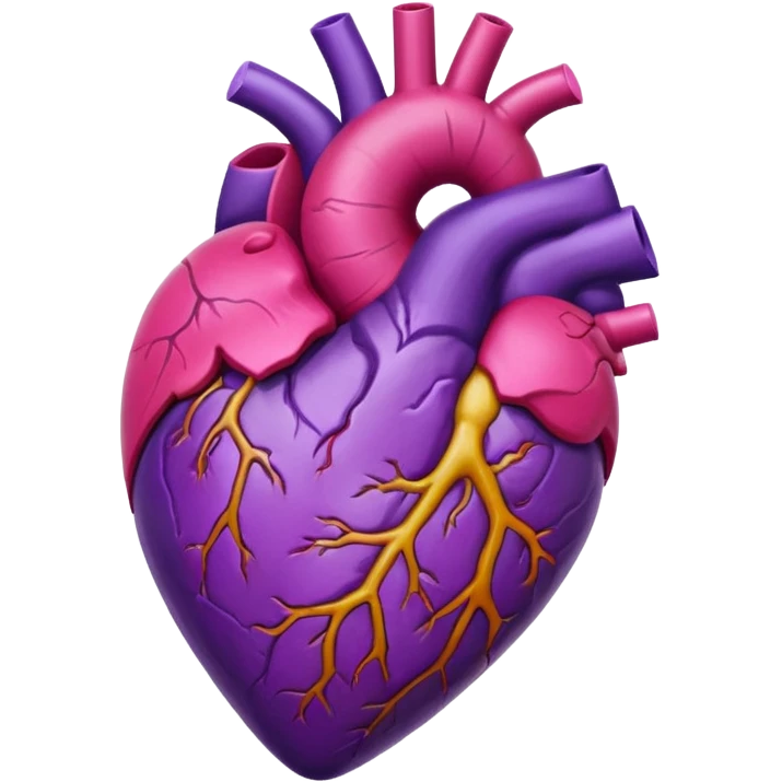 Pulsating heart with purple, hot pink, amber, light green, and dark purple emoji