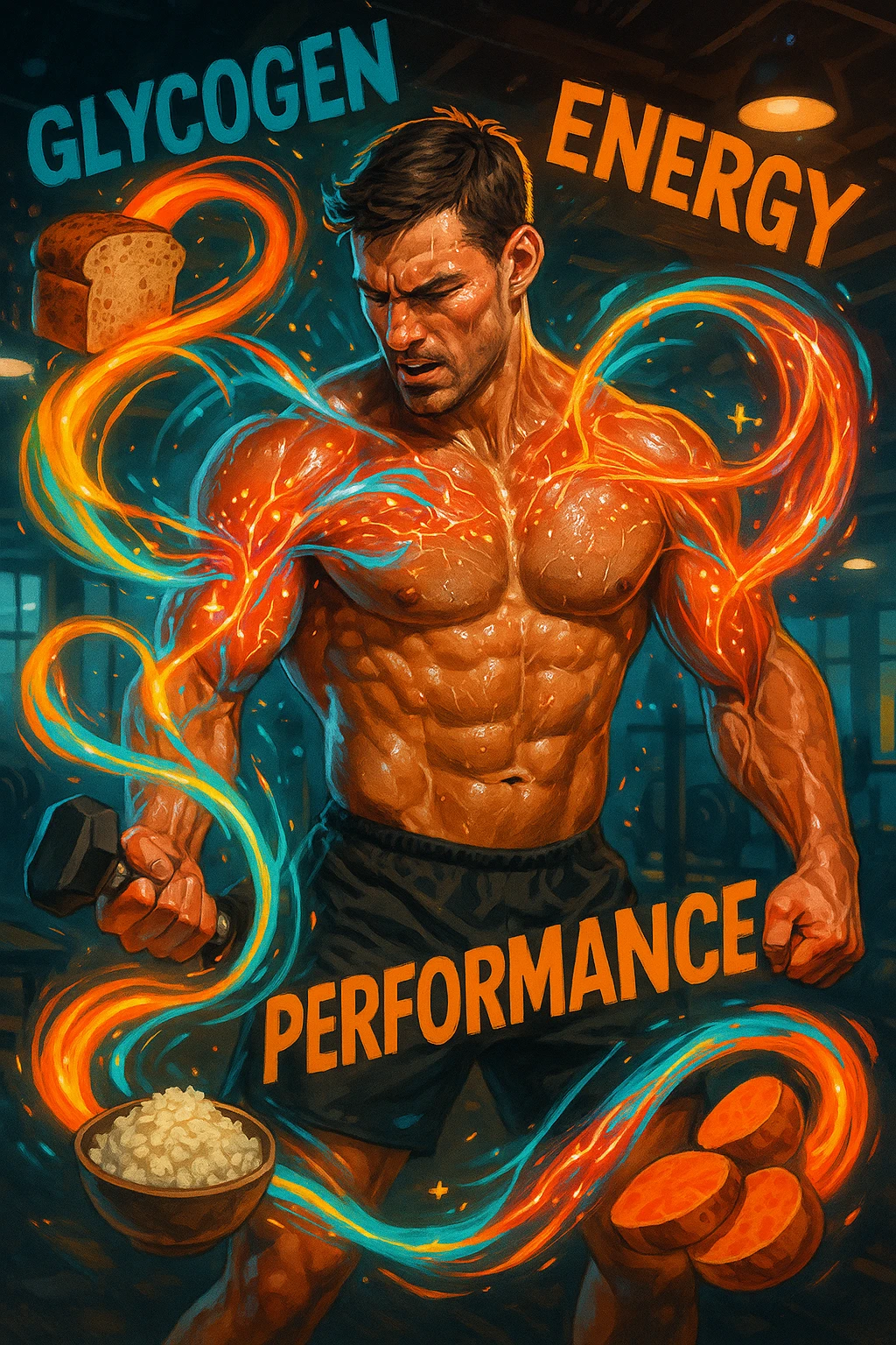 Uomo atletico di circa 30 anni durante un allenamento intenso in palestra, con muscoli ben definiti e sudati. Intorno a lui si visualizzano flussi energetici colorati che partono da fonti di carboidrati (pane integrale, riso, patate dolci) e si dirigono verso i suoi muscoli. I muscoli appaiono attivi, tesi e in pieno sforzo, con piccoli simboli di 'carburante' o energia che entrano nei tessuti. Espressione concentrata e potente. Sullo sfondo, parole come 'glicogeno', 'energia', 'prestazione'. Atmosfera dinamica, intensa e positiva. emoji