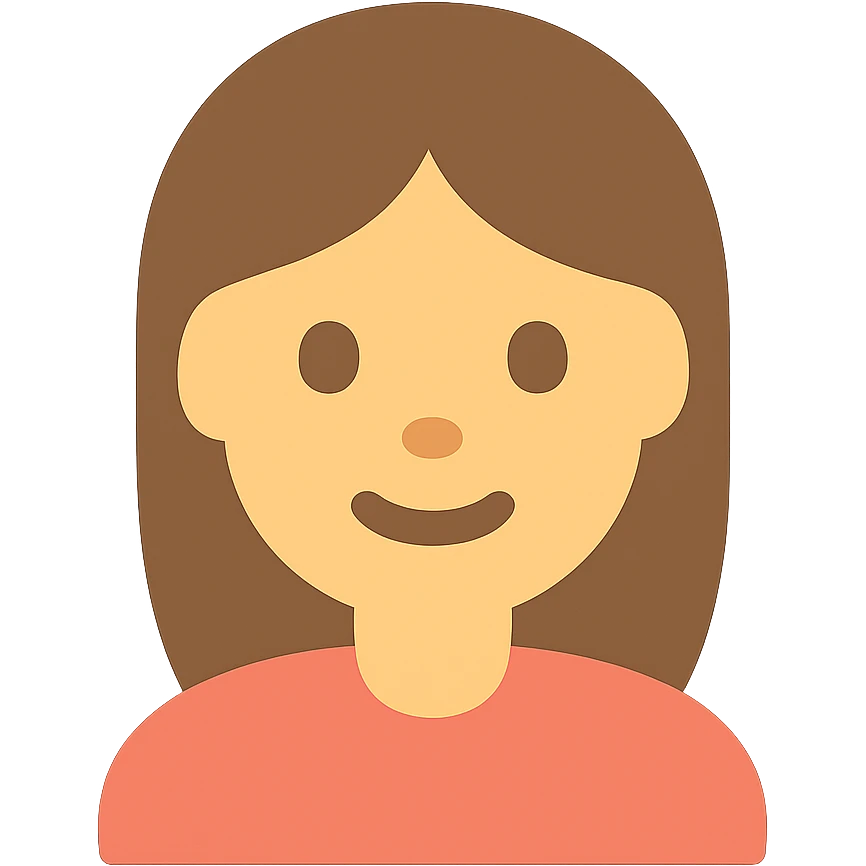 a girl depicted as a flat color icon, soft edges, cheerful look, minimalistic emoji