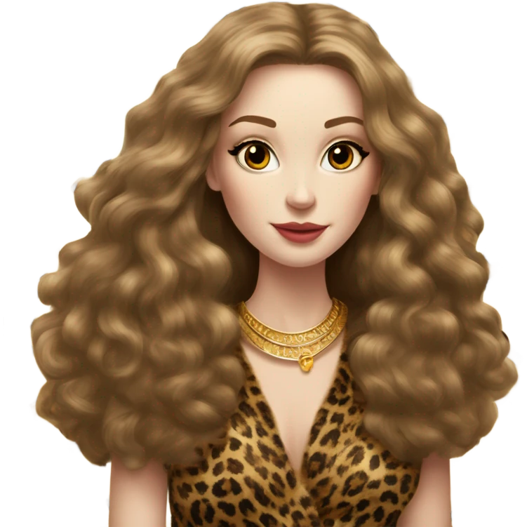 Beautiful pale skin women, long voluminous light brown hair, lots of gold jewelry, long leopard fur coat  emoji