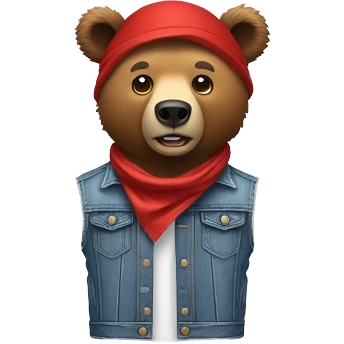 grizzly bear wearing sleeveless jean jacket and red bandana around head with open mouth emoji