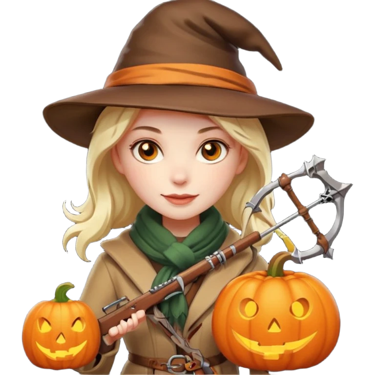 female human monster hunter emoji, wearing brown coat and hat, holding crossbow, soft smile, scarf, glowing pumpkin by her side, Halloween fantasy style, clean vector Apple emoji look, bright colors, white background, square emoji