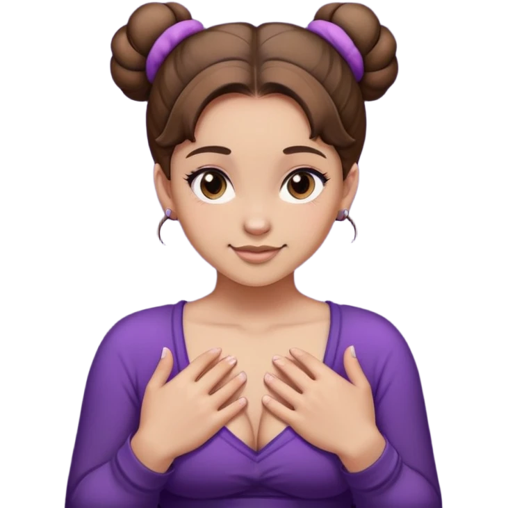 The image is a photograph of a young woman with large breasts, posing for the camera. The image is likely intended to be explicit or provocative, given the woman's partial nudity and the focus on her breasts. * **Woman** + Age: Young adult + Facial expression: Slightly smirking + Hair: Brown, styled in two buns + Skin tone: Light * **Breasts** + Size: Very large + Shape: Rounded + Position: The woman is holding her hands to cover her nipples, which are labeled "A" and "L" respectively. * **Background** + Color: Dark purple + Texture: Slightly rough * **Overall Impression** + The image has a sensual and provocative tone, with the focus on the woman's breasts and body. In summary, the image is a close-up photograph of a young woman with large breasts, posing for the camera with her hands covering part of her nipples. The background is a dark purple color, and the overall impression is one of sensuality and provocation. emoji