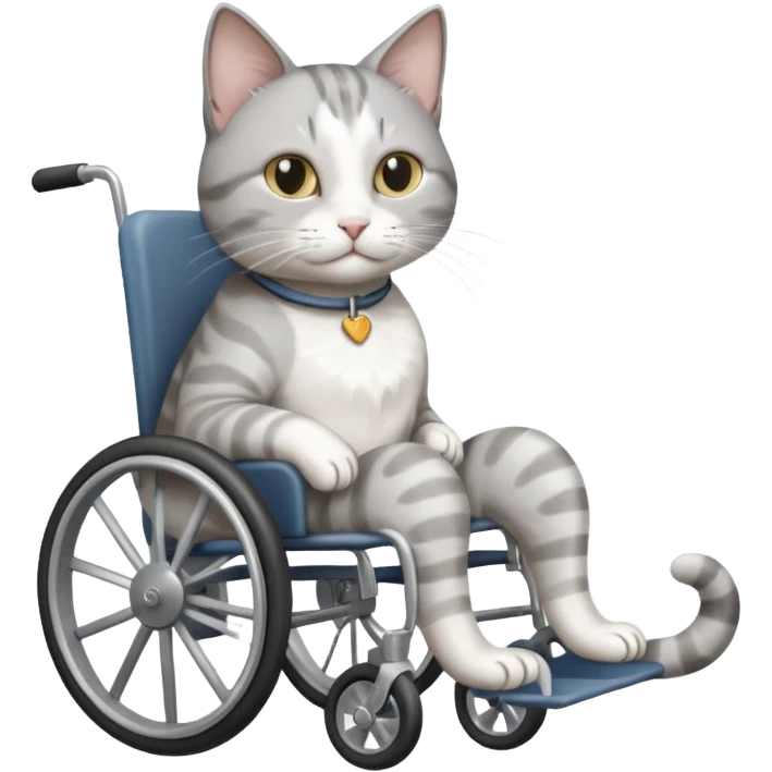 disabled grey and white cat using cat physio wheelchair emoji