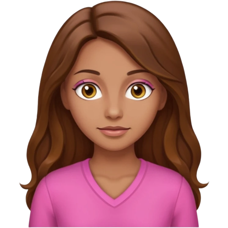 Tan skinned woman with long brown hair, hazel colored eyes, and wearing a pink outfit. emoji
