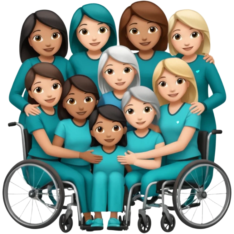 Teal group hug of 8 women with one in wheelchair emoji
