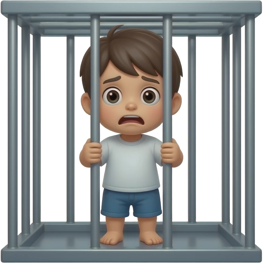 jaula con un niño atrapado todo el cuerpo cara asustada emoji