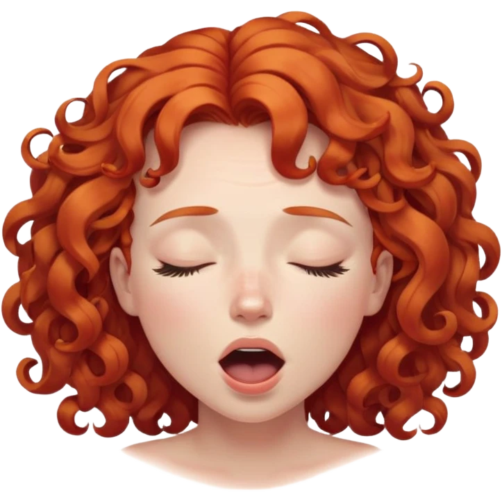 person with curly red hair and downturned eyebrows, eyes closed, mouth open in pleasure emoji