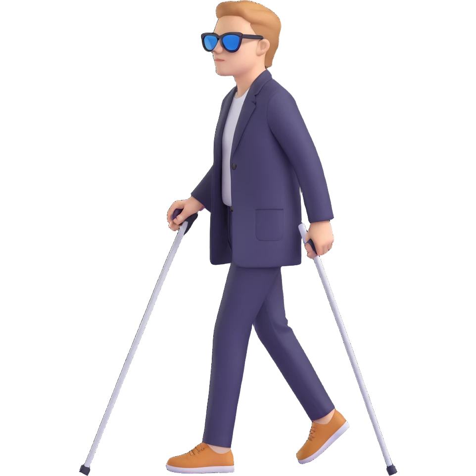 A blind person walking outdoors during the day, holding a single white cane in one hand. The person is wearing sunglasses and walking confidently. Emphasize that there is only one cane emoji