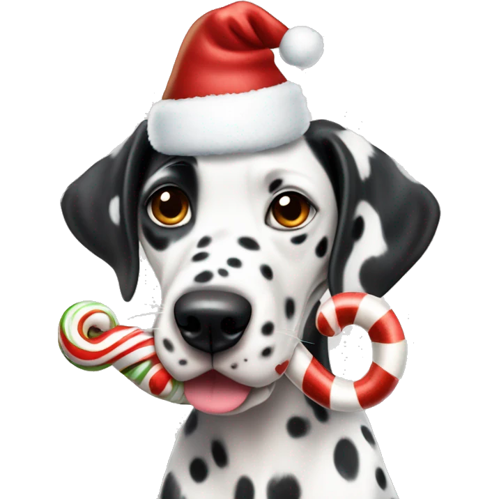A Dalmatian with brown spots holds a caramel Christmas candy cane in his mouth emoji