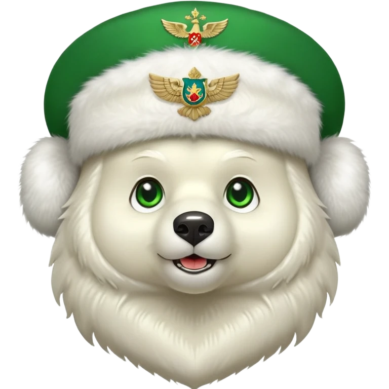 Happy Russian bear with bright green eyes, white fur ushanka hat with double-headed eagle insignia, cute facial expression emoji