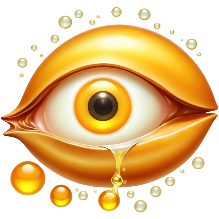 Glowing liver, bright egg yolks, and cod liver oil floating around an ethereal eye that emits golden light. The foods radiate warm amber rays representing vitamin A (retinol) content and its benefits for vision and skin health. emoji