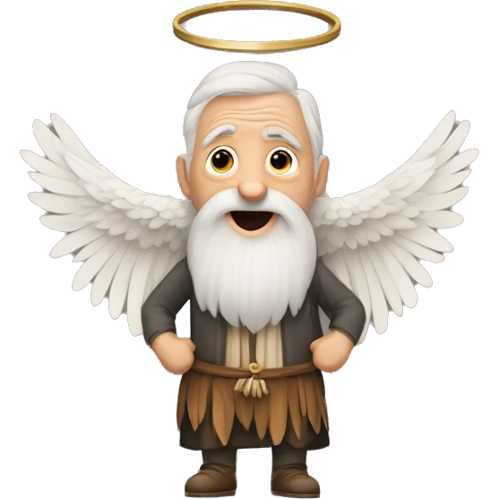 An old man with a beard, with two wings, with one hand raised for worship and a ring in the other hand, with three feathers and rows of feathers in each wing, and a skirt with three rows of feathers. emoji