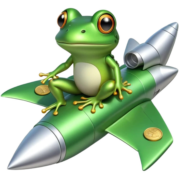 The little frog sits on a rocket with a silver coin in its hands. emoji