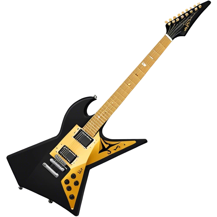 Create a bold and dynamic emoji representing the Epiphone Dave Mustaine Flying V Custom electric guitar. The design should feature the sharp, iconic V-shaped body of the guitar, with a custom finish reflecting Dave Mustaine’s signature style. Add intricate details like gold or chrome tuning pegs and pickups, with subtle graphics or patterns that reflect the aggressive, heavy metal aesthetic. Use a color palette of black, gold, and red, with a touch of metallic sheen for the high-end finish. The background should be transparent to emphasize the guitar's iconic shape emoji