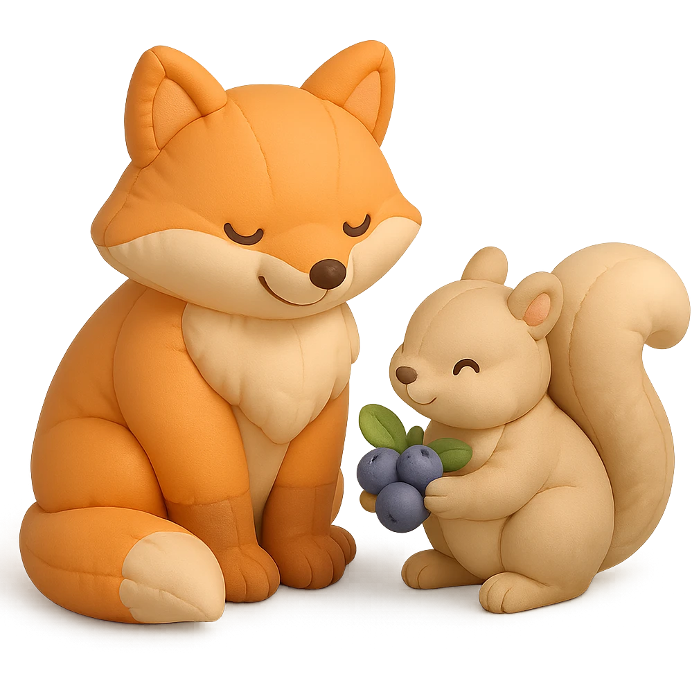 fox and squirrel sharing berries, forest friendship scene, soft pastel colors, cushion style emoji