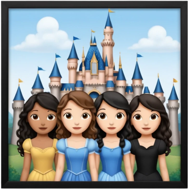 Quiero que crees una imagen donde este el castillo de Disney y por detrás o delante pon a quatro chicas: una con el pelo largo rizado marrón , otra con el pelo corto negro, otra con el pelo mediano liso marrón y otra con el pelo negro largo liso emoji