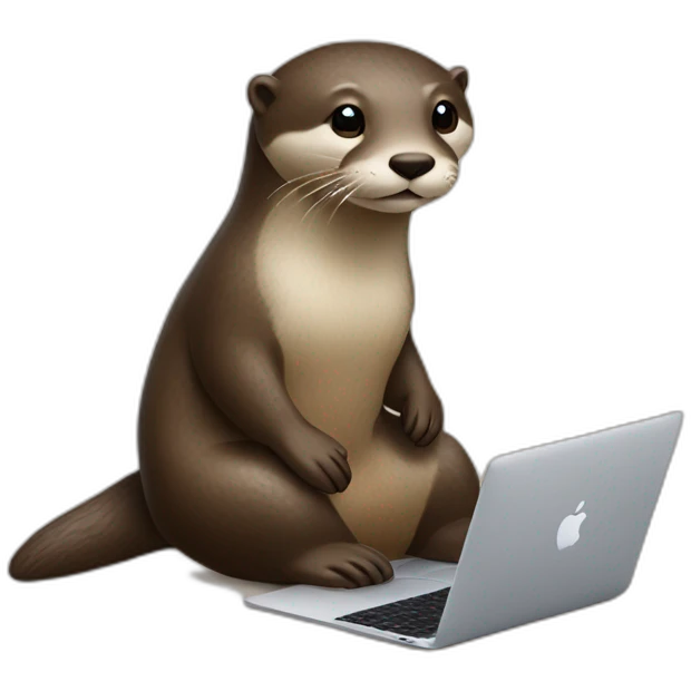 female otter use a macbook while seated against a pillow emoji