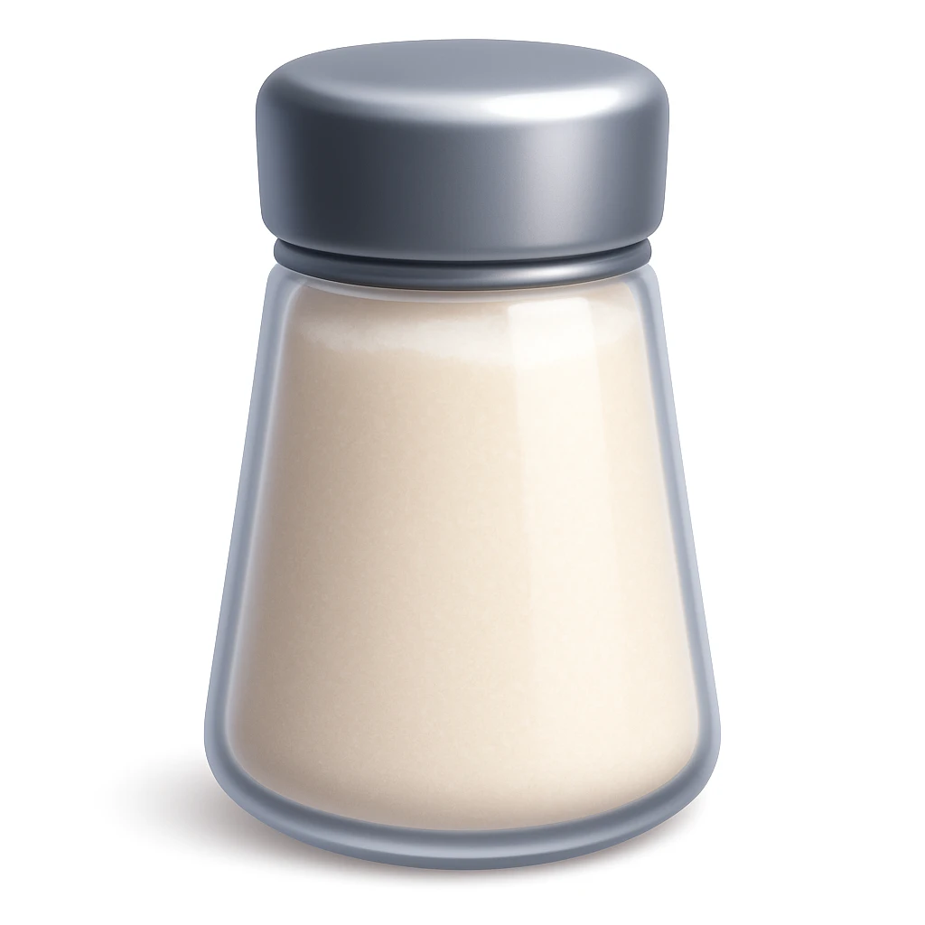 Create a salt emoji that looks exactly like the reference image in iOS emoji style. The emoji should be 3D with shiny, smooth gradients, soft shadows, and a realistic salt shaker shape with a metallic lid. No face on the shaker. Add a soft shadow under the shaker. emoji