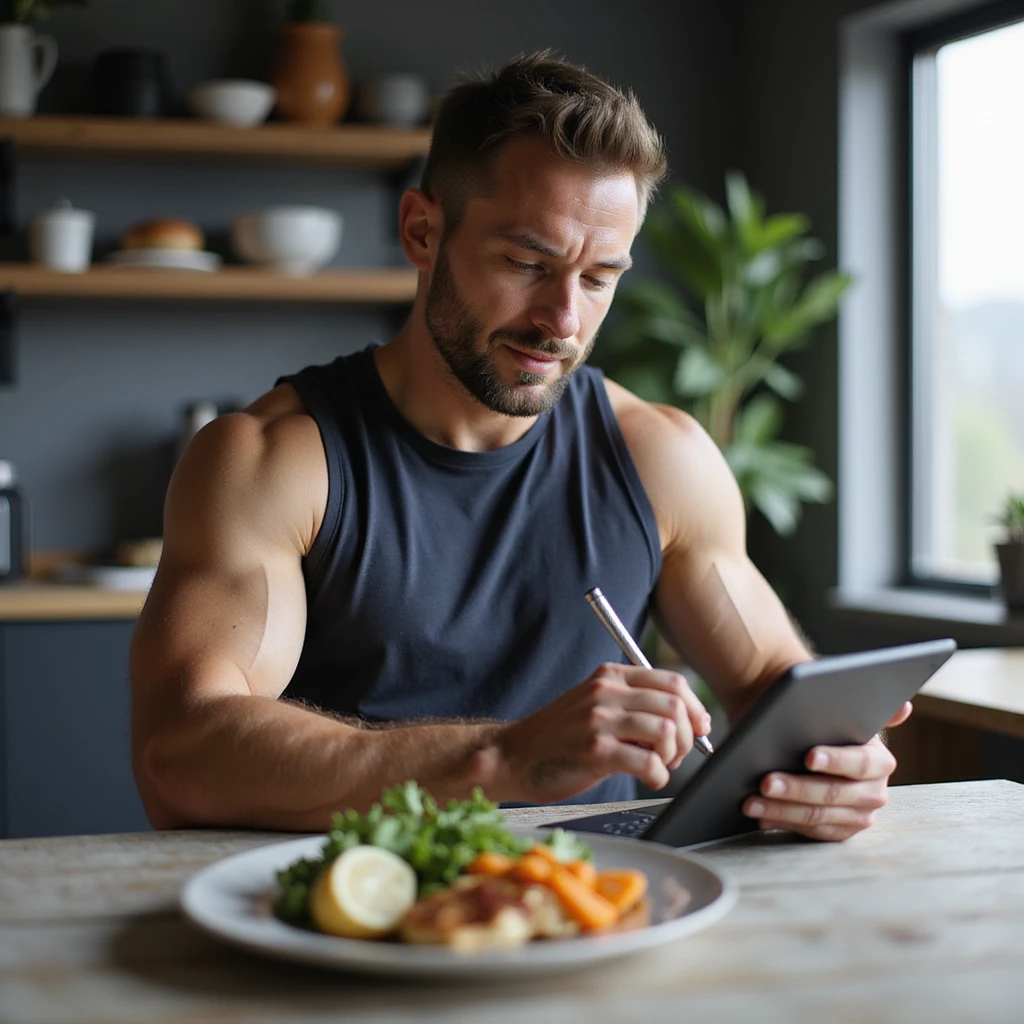 athletic man consulting written or tablet meal plan, plate with healthy foods in front, satisfied expression, hyperrealistic 4K details, modern environment emoji