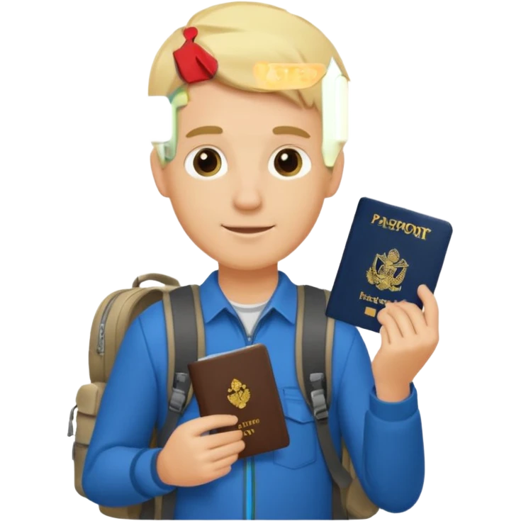 blonde haired Traveler character with passport, backpacker, male emoji